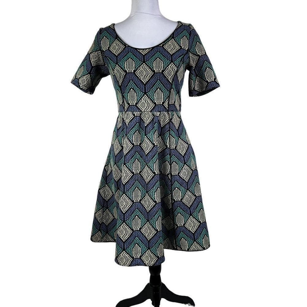 𝅺hd in Paris Hollyhock Dress Fit and Flare Blue Green Above Knee size Small